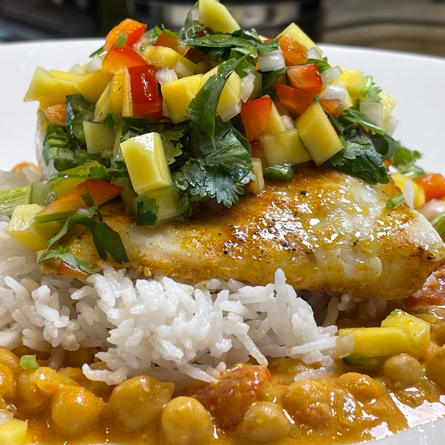 Caribbean Jerk Roasted Fish with Mango Salsa and Coconut Chickpeas & Rice