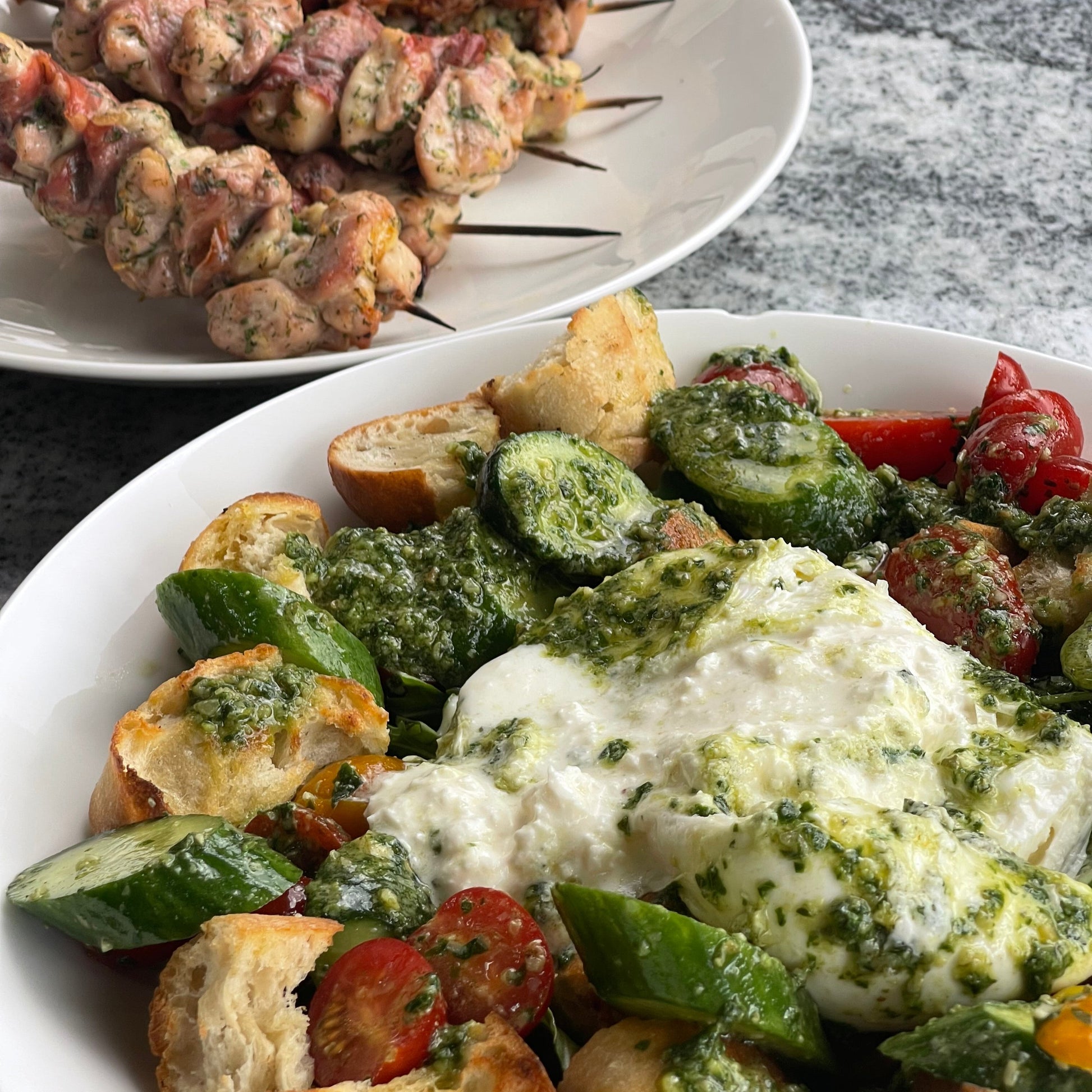 Cottage Prep- burrata salad and chicken spiedini
