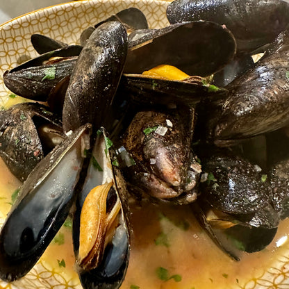 Mussels Two Ways: Classic Moules Marinieres and Thai Coconut Broth.
