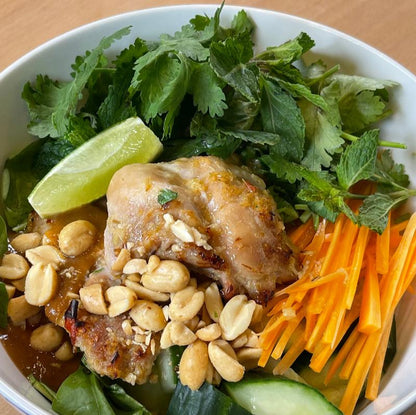 Southeast Asian Street Food: Chicken Satay + Peanut Sauce + Rice Noodle Salad