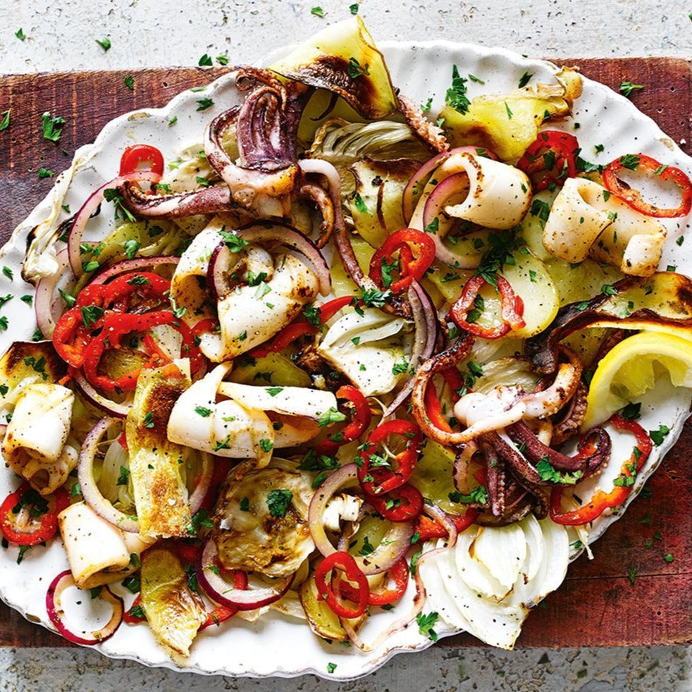 A grilled vegetable and squid salad